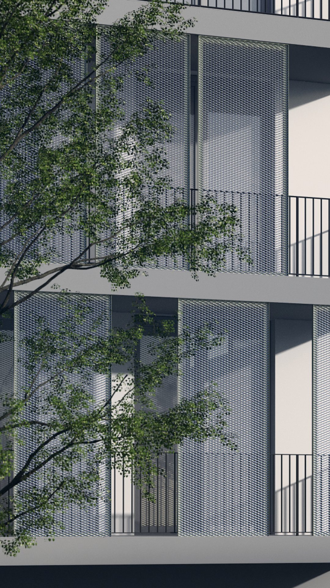 Facciata di un edificio moderno con pannelli "Dynamic" di Sun Shading® in lamiera stirata per schermature architettoniche.