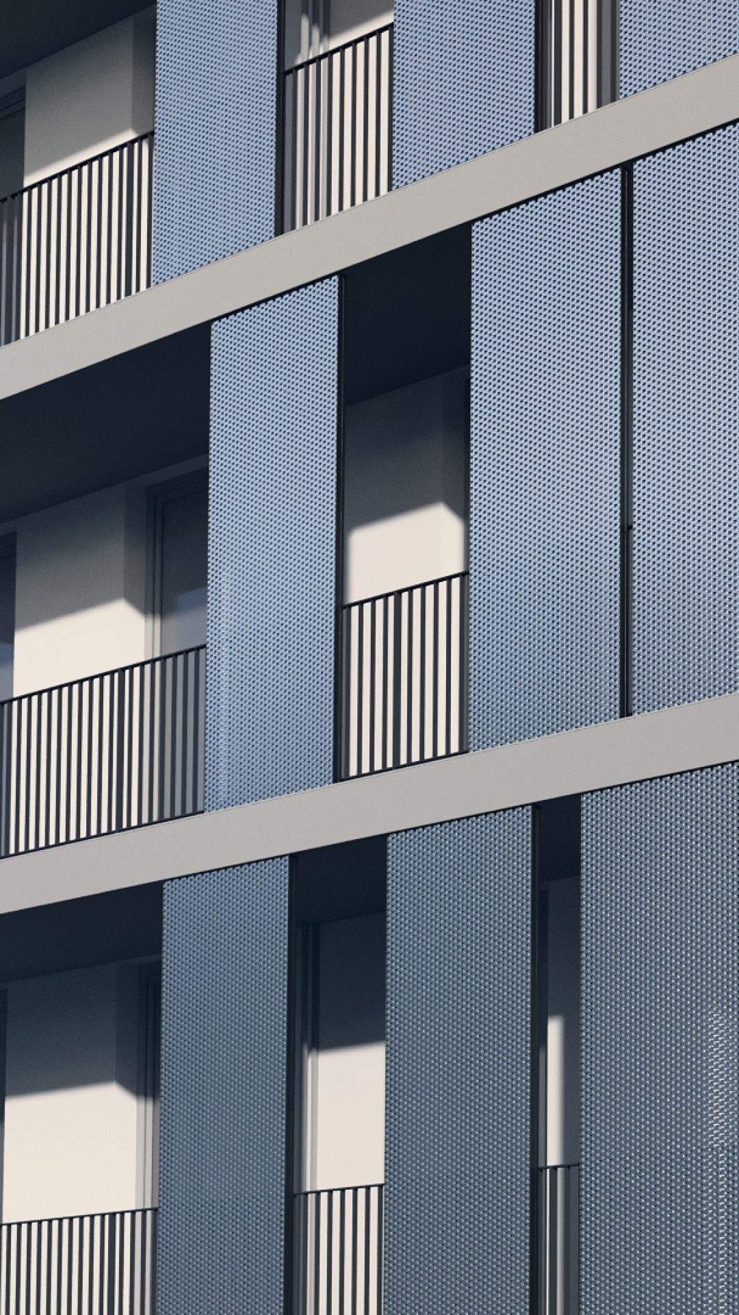 Facciata di un edificio con pannelli frangisole Steelium Privacy di colore blu.