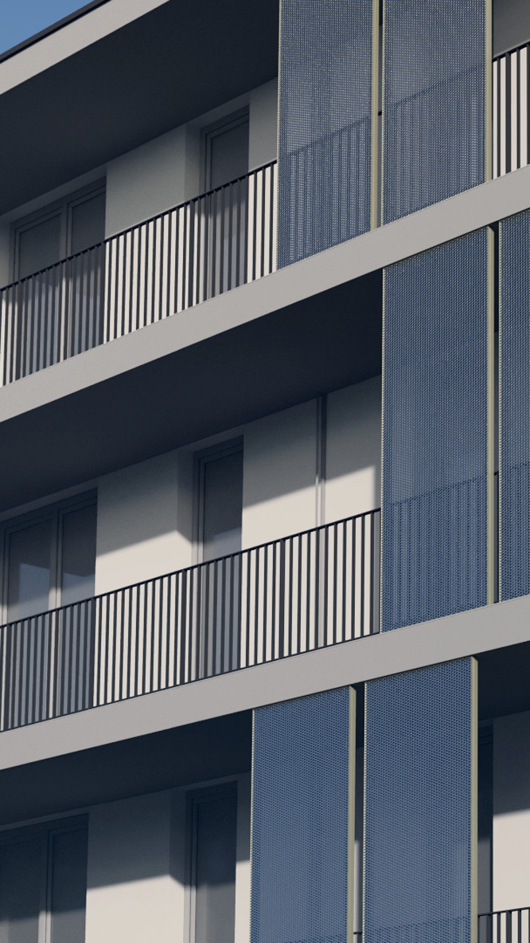 Facciata di edificio residenziale con pannelli Steelium Residence blu che offrono schermatura solare.